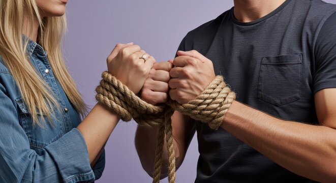 A man and a woman hold hands tied with a rope, symbolizing the entanglement and pain of codependent relationships