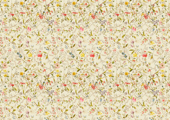 Simple seamless floral pattern with bright colorful small flowers of dog roses. Trendy millefleurs. Elegant template for fashion prints.
