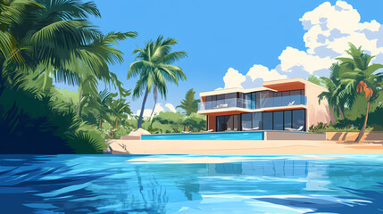 A serene tropical haven boasting sleek, contemporary buildings, crystal-clear skies, and waters that shimmer like a canvas of celestial blue, inviting relaxation. Tropical Haven. Illustration