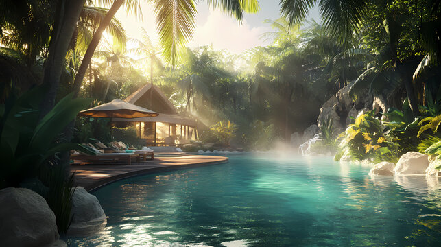 A serene haven at the luminescent lagoon for unwinding and rejuvenation with tropical flora. Tropical Haven. Illustration