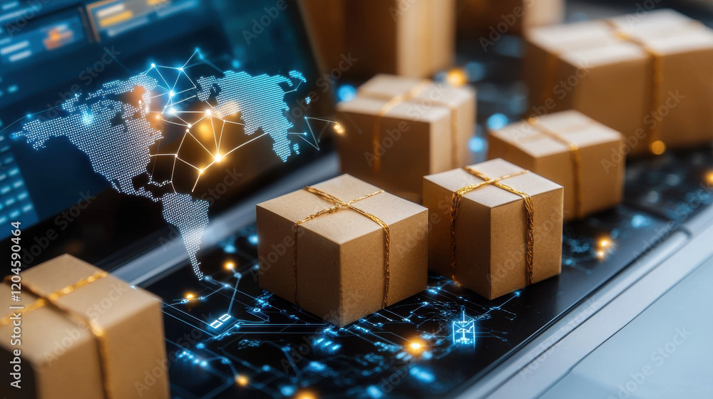 Aufkleber Futuristic representation of global e commerce with packages and technology. image showcases digital connections and logistics, emphasizing modern shipping solutions