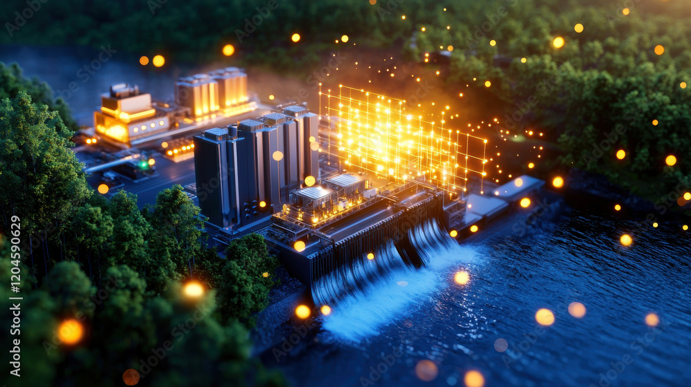 Fototapete high resolution 3D image of hydroelectric facility showcasing modern technology and energy production. scene is illuminated with glowing particles, creating vibrant atmosphere