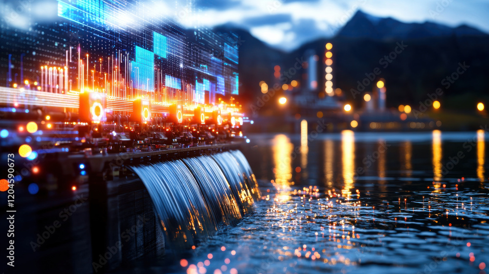 Aufkleber high resolution 3d image of hydroelectric facility showcasing flowing water, digital data visualizat