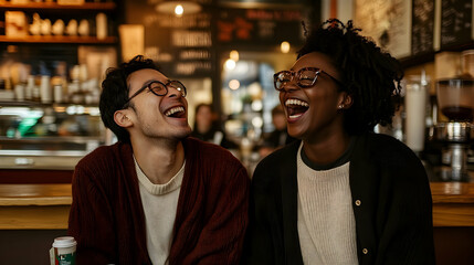 Happy couple laughing cafe coffee shop date.
