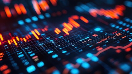 Fototapeta premium A vibrant, digital representation of data analysis featuring glowing graphs and metrics in blue and orange tones, symbolizing technology and finance.