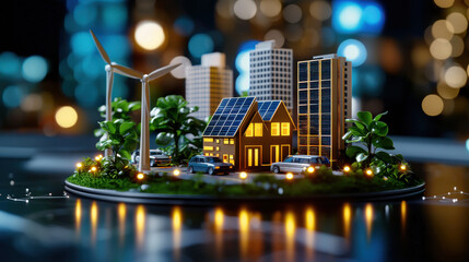 miniature eco city model featuring solar panels, wind turbines, and greenery, showcasing sustainable urban living with modern buildings and vehicles