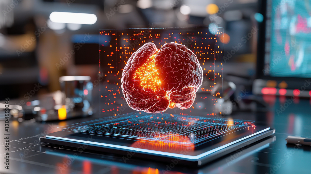 Poster high resolution 3D representation of human brain with glowing neural connections, showcasing advanced technology and digital visualization in modern lab environment