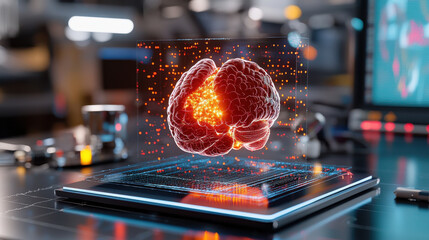 high resolution 3D representation of human brain with glowing neural connections, showcasing advanced technology and digital visualization in modern lab environment