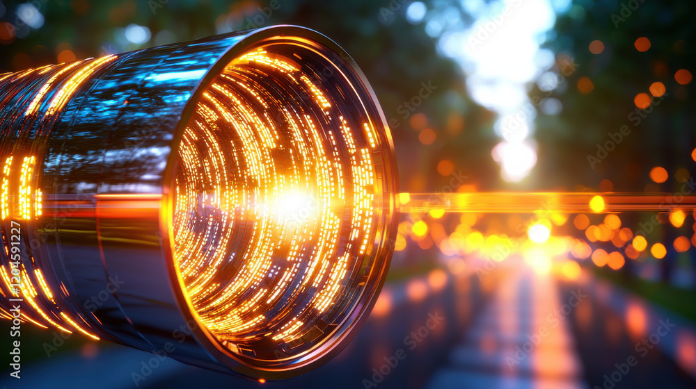 Fototapete high resolution 3D visualization of futuristic lens emitting bright light, showcasing intricate patterns and reflections. scene evokes sense of innovation and technology
