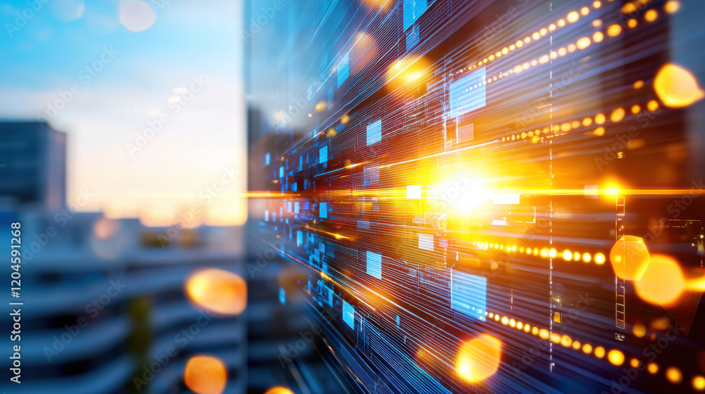 Poster High resolution digital visualization of futuristic data network with glowing elements and sunset backdrop, symbolizing technology and innovation