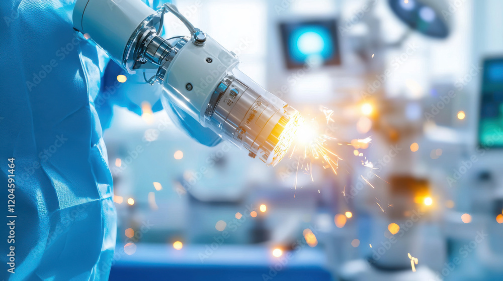Poster advanced robotic arm performing precision work in medical environment, showcasing sparks and high te