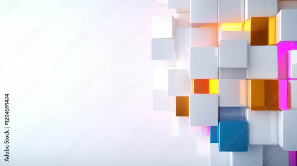 Poster Modern 3D visualization of colorful geometric cubes in dynamic arrangement, showcasing vibrant colors and clean lines, perfect for technology or design themes