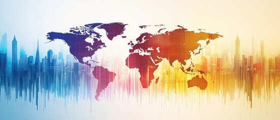 A colorful world map overlayed with sound waves, symbolizing global communication and connectivity through audio.