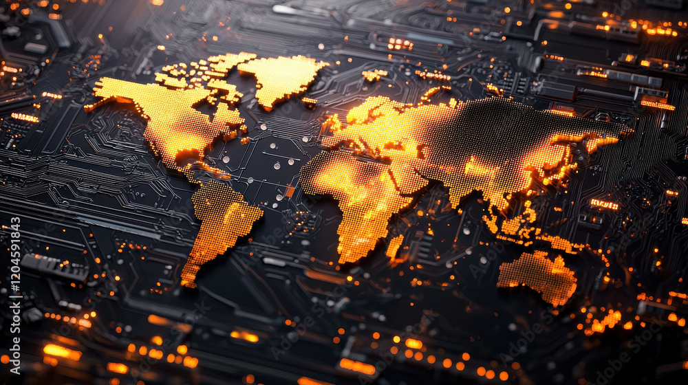 Poster digital world map illuminated with orange lights on circuit board background, showcasing technology and connectivity