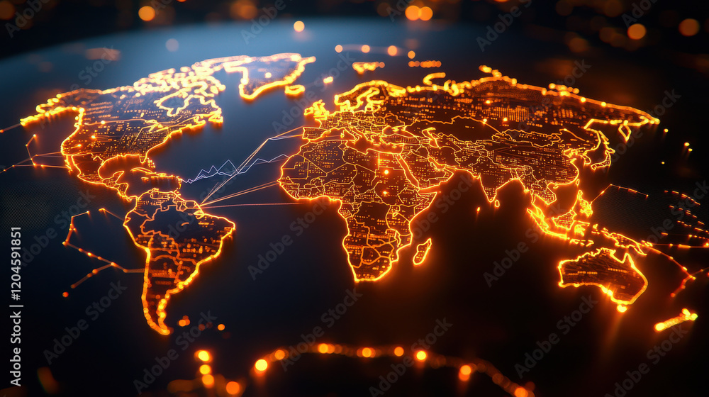 Aufkleber glowing digital world map with intricate lines and connections, showcasing continents and countries 
