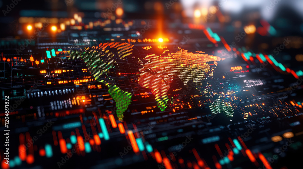 Fototapete digital world map with vibrant colors and data visualization elements, showcasing global connectivity and technology trends. image conveys sense of innovation and modernity