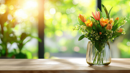 beautiful bouquet of colorful flowers in glass vase, placed on wooden table, with bright, sunlit background creating warm and inviting atmosphere