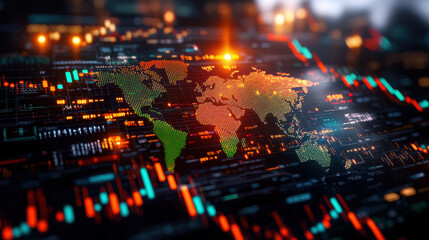 digital world map with vibrant colors and data visualization elements, showcasing global connectivity and technology trends. image conveys sense of innovation and modernity