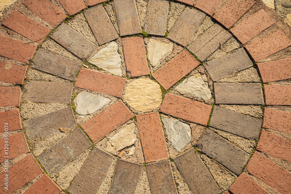 Poster circular brick and stone mosaic with concentric patterns