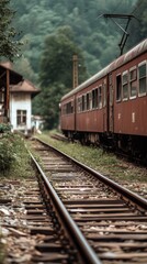 Obraz premium Desolate railcar resting beside overgrown tracks near a quaint old station surrounded by lush green mountains