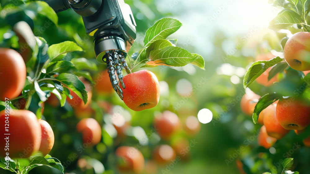 Poster robotic arm gently picking ripe apples in lush orchard, showcasing advanced technology in agricultur