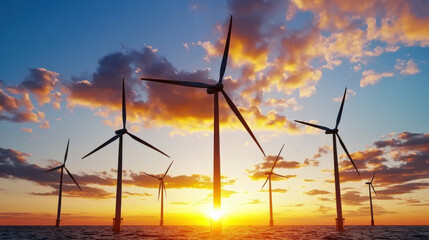 stunning sunset over wind farm with turbines silhouetted against colorful sky, showcasing renewable energy and nature beauty