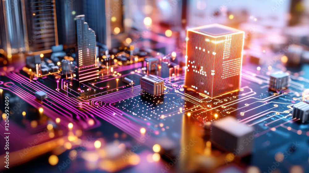 Aufkleber high resolution 3D render of futuristic circuit board with glowing components, showcasing advanced technology and intricate details. vibrant colors create captivating visual experience