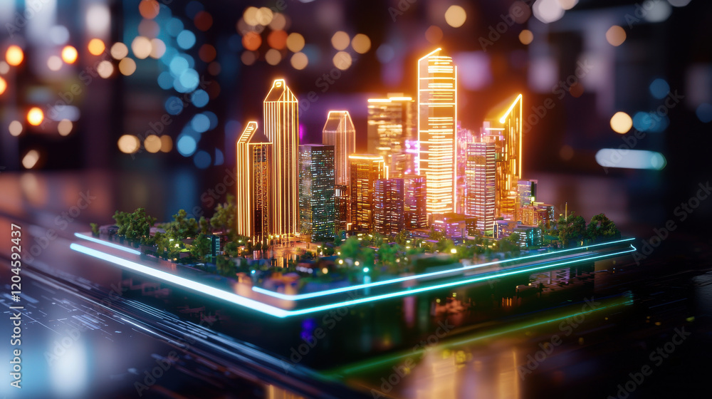 Leinwandbilder vibrant futuristic cityscape with glowing skyscrapers and lush greenery, showcasing advanced archite