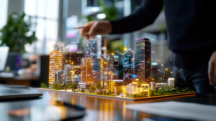 Obraz premium futuristic 3D holographic city model displayed on desk, showcasing vibrant skyscrapers and advanced technology. scene conveys innovation and creativity