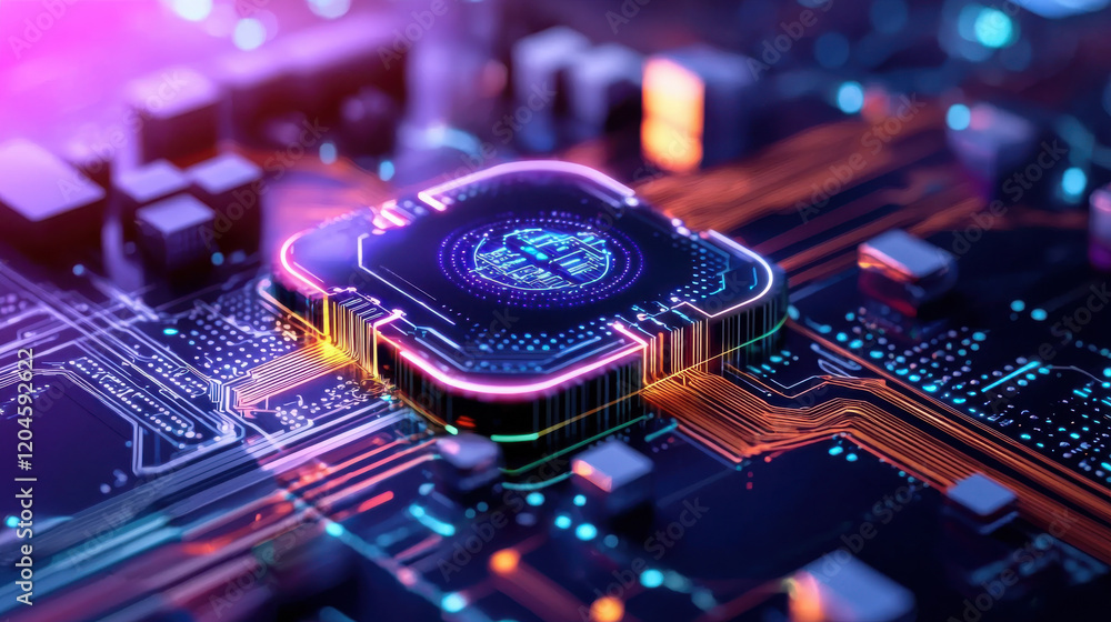 Aufkleber vibrant depiction of microprocessor on circuit board, showcasing intricate details and glowing eleme