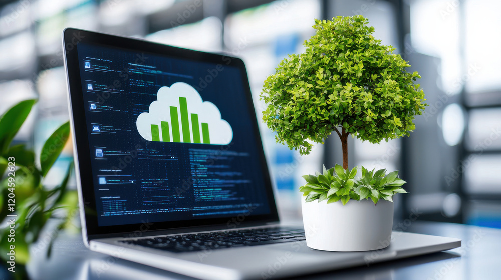 Aufkleber laptop displaying cloud infrastructure with potted plant symbolizes technology and nature. green tre