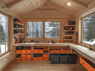 Bright and organized wooden workshop in a cozy cabin with scenic winter view
