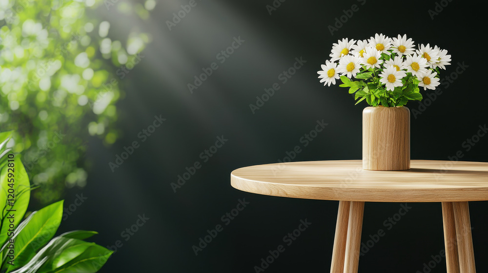 Leinwandbilder scandinavian style wooden table with vase of daisies, surrounded by greenery and soft light, creatin