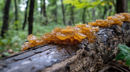 Golden fungi spread across a decayed tree in a vibrant forest, highlighting the rich biodiversity of the woodland.