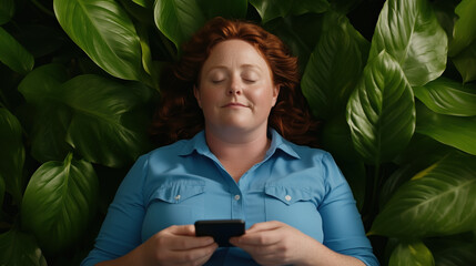 A redhead with her eyes closed lies peacefully amidst a backdrop of green leaves, listening to an assisted mindfulness class via smartphone, and enjoying a moment of tranquility