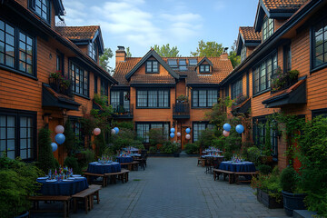 Obraz premium Charming Brick Townhouses with Festive Courtyard Gathering