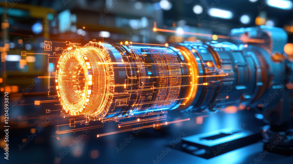 Poster high resolution image of digital twin simulation showcasing futuristic engine component with glowing circuits and intricate details, representing advanced technology and innovation