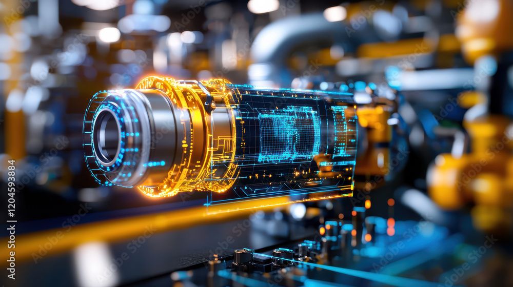 Poster high resolution image of digital twin simulation showcasing futuristic mechanical component with glowing elements and intricate details, representing advanced technology and innovation