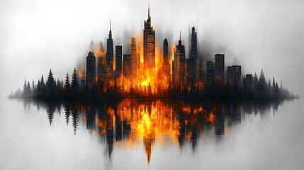 Obraz premium Fiery Cityscape Reflected In Still Waters