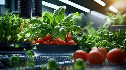 High tech indoor garden with fresh tomatoes and leafy greens, showcasing modern agricultural technology and sustainable farming practices