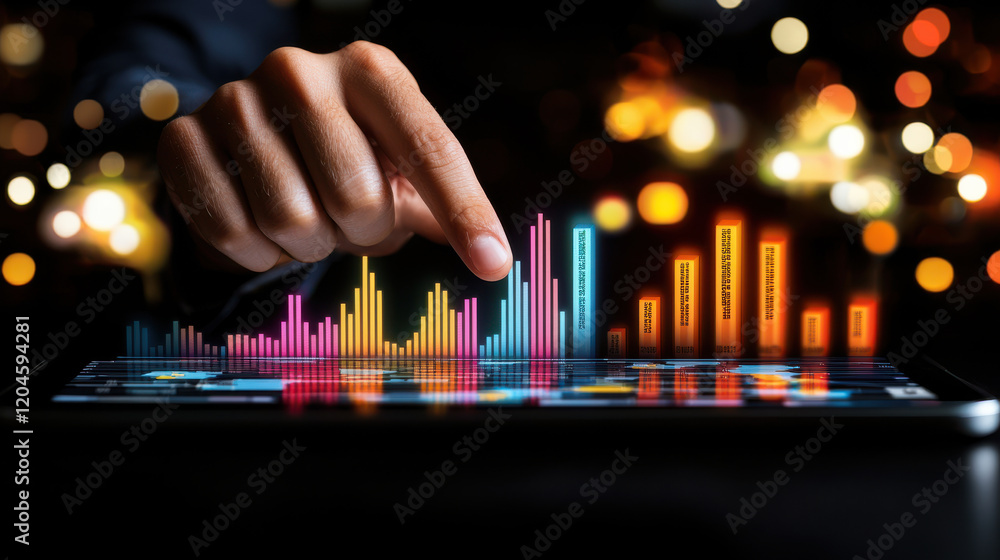Poster hand pointing at colorful data visualizations on tablet screen, showcasing analytics and statistics in modern setting