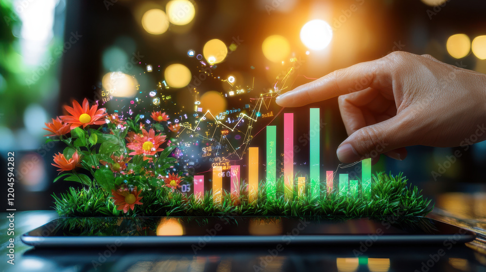 Aufkleber hand pointing to digital tablet displaying colorful growth charts and flowers, symbolizing progress 
