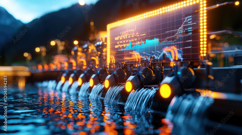 Poster high resolution image of hydroelectric plant with illuminated water flow and digital display. scene 