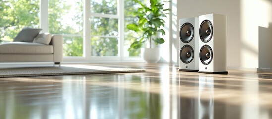 Modern Living Room Audio Setup: White Speakers and Sunny Interior
