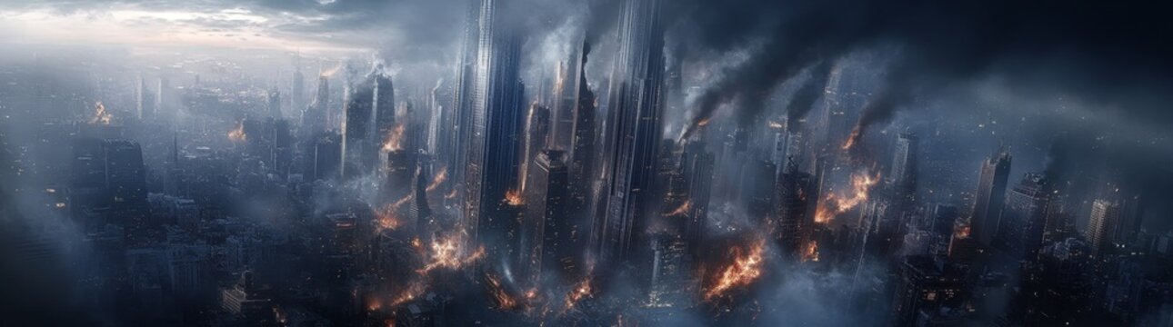 In the background, smoke and fire consume what remains of the city. Darkness envelopes the sky, and the structures are left in ruins, evoking a scene of utter devastation and despair.