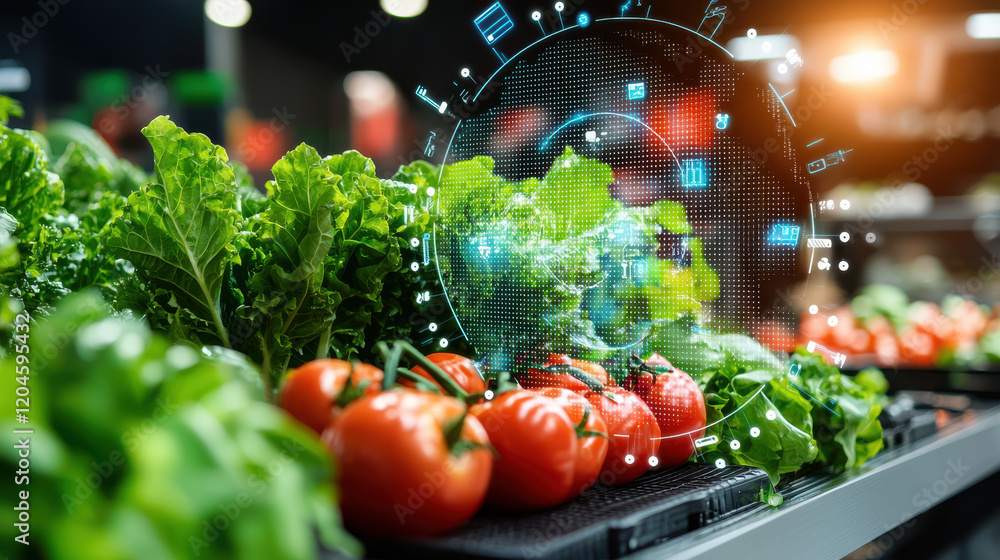 Poster high resolution image of smart vegetable market showcasing fresh tomatoes and leafy greens with digi