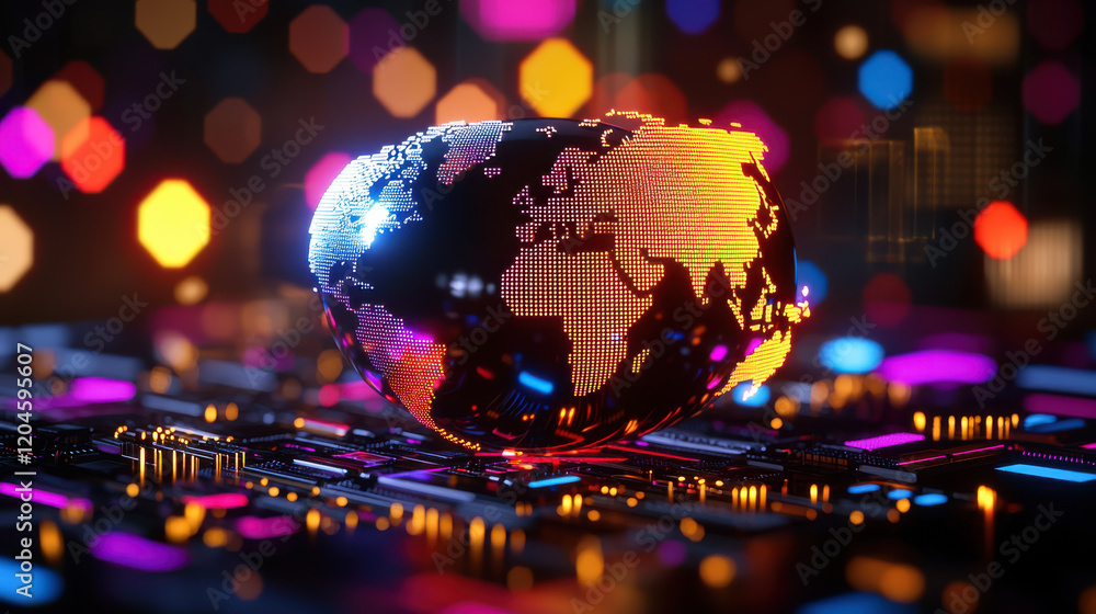 Poster digital globe illuminated with vibrant colors, representing global connectivity and technology. background features circuit board design, enhancing tech theme