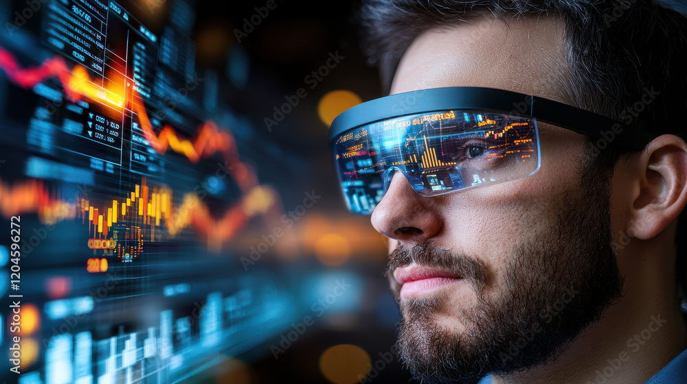 Leinwandbilder financial professional wearing smart glasses analyzes data visualizations, showcasing advanced techn