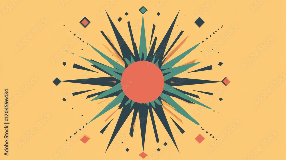 Leinwandbilder colorful geometric pattern with sunburst design and vibrant triangular shapes on a yellow background