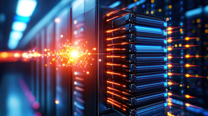 high resolution portrayal of futuristic server room with glowing servers and vibrant lights, showcasing advanced technology and data processing
